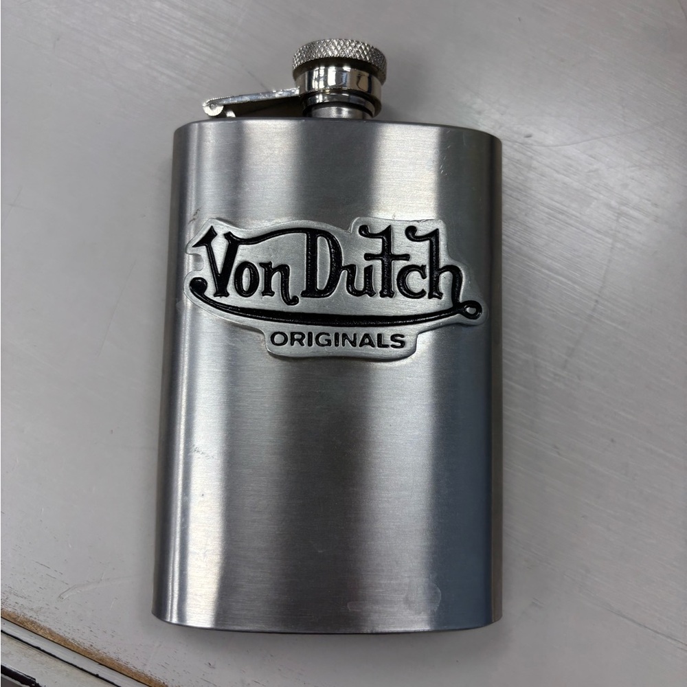 Von Dutch Silver Brushed Metal Hip Flask